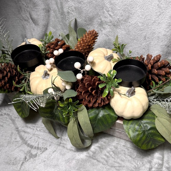 Rustic Farmhouse Woodlook Candle Centerpiece White Pumpkins Pine Cone Fall Decor - Picture 6 of 6